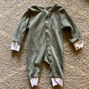 Olive baby waffle knit jumpsuit with snaps